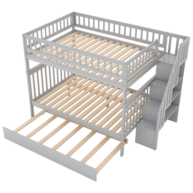 Lit double superposé au dessus d'un lit double avec lit gigogne et escalier, tablettes de rangement, 3 lits convertibles, bois massif, gris
