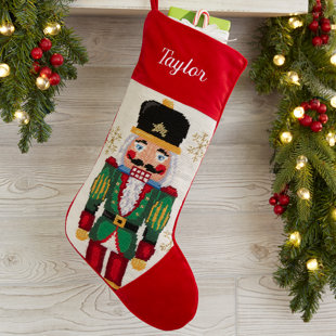 Grey Plaid Evergreen Personalized Stocking - Red Maple Wood Tag