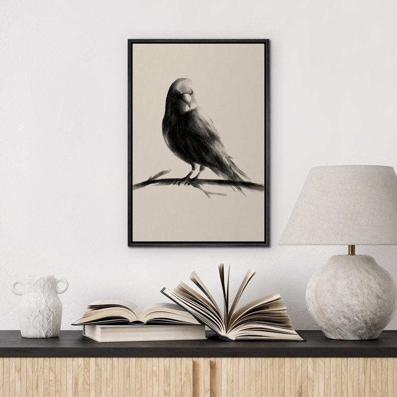 Oiseau gris, peinture à l'encre, Noir, H 36 po x l 24 po