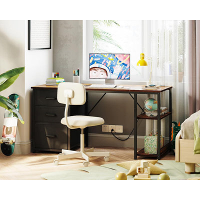 51 Inch Reversible Home Office Desk With USB Power Outlets & File Drawers - Modern Computer Desk With Storage Shelves For Work From Home, Study Or Writing
