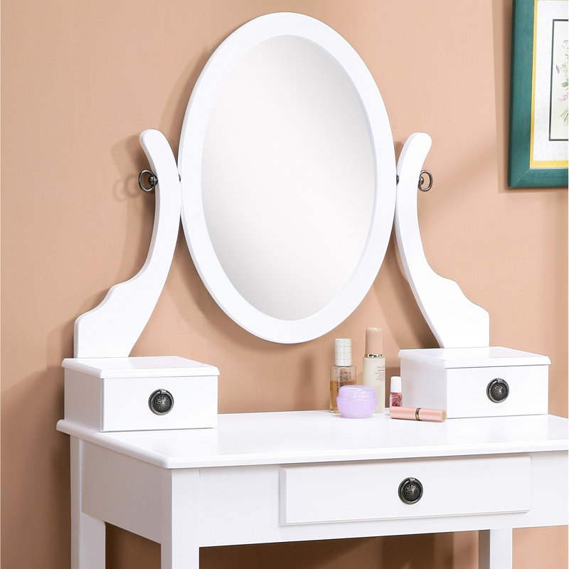White Wood Bedroom Vanity Desk And Stool With 3 Storage Drawers Mirror Fashionable Table Cushioned In Spaces, White