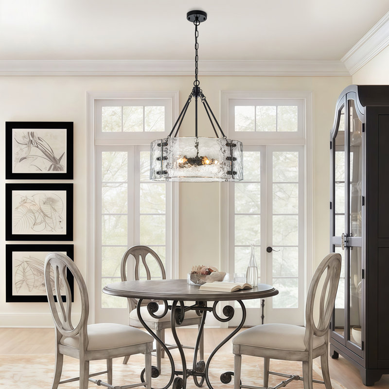 5-light Drum Chandeliers With Textured Glass , Matte Black