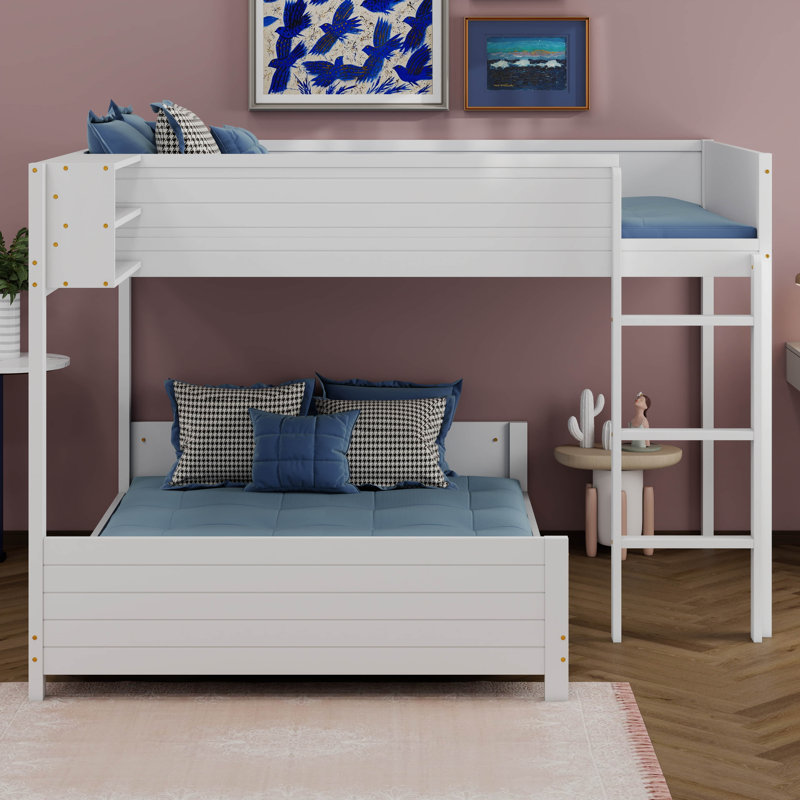 Full XL Over Full XL Wooden Bunk Bed With Built-In Storage Shelf & Ladder, White