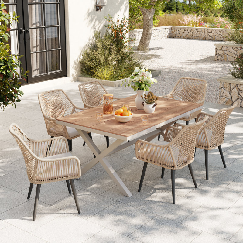 Outdoor 6-person Dining Set With Cushions, Beige Cushion/Beige Frame
