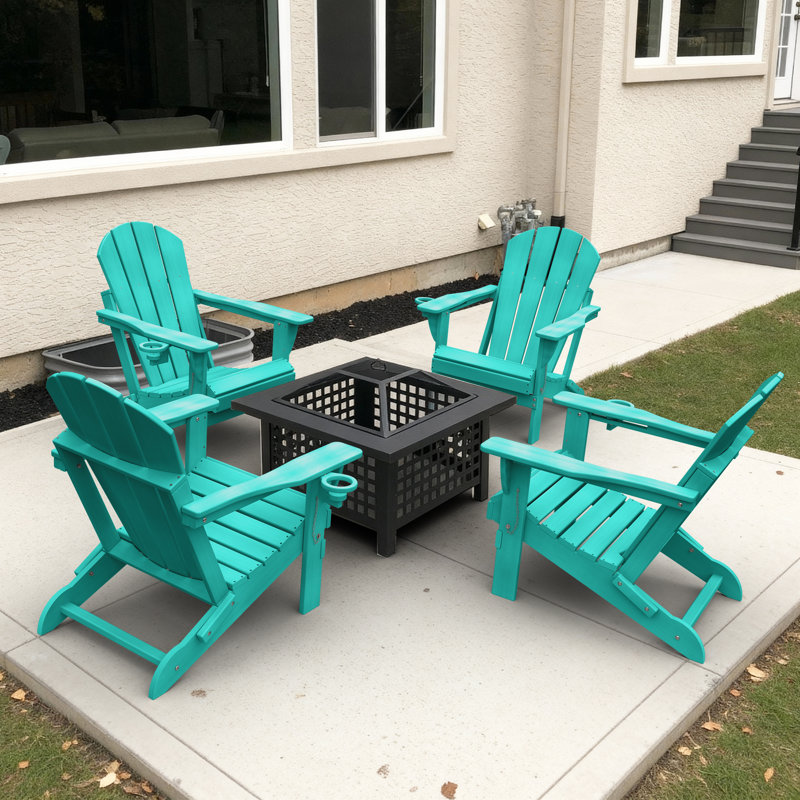 Chaise de foyer d'extérieur pliable en PEHD Adirondack avec porte-gobelet, Bleu lac