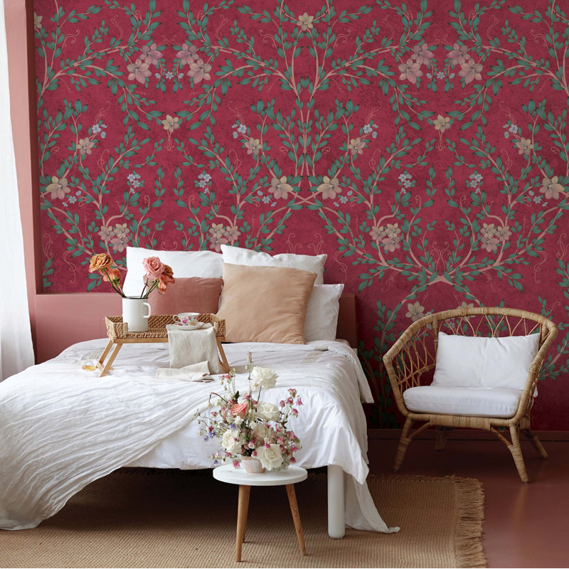 Murale rétro à motif de fleurs bleues rétro, L 117,96 po x l 225 po, Rouge
