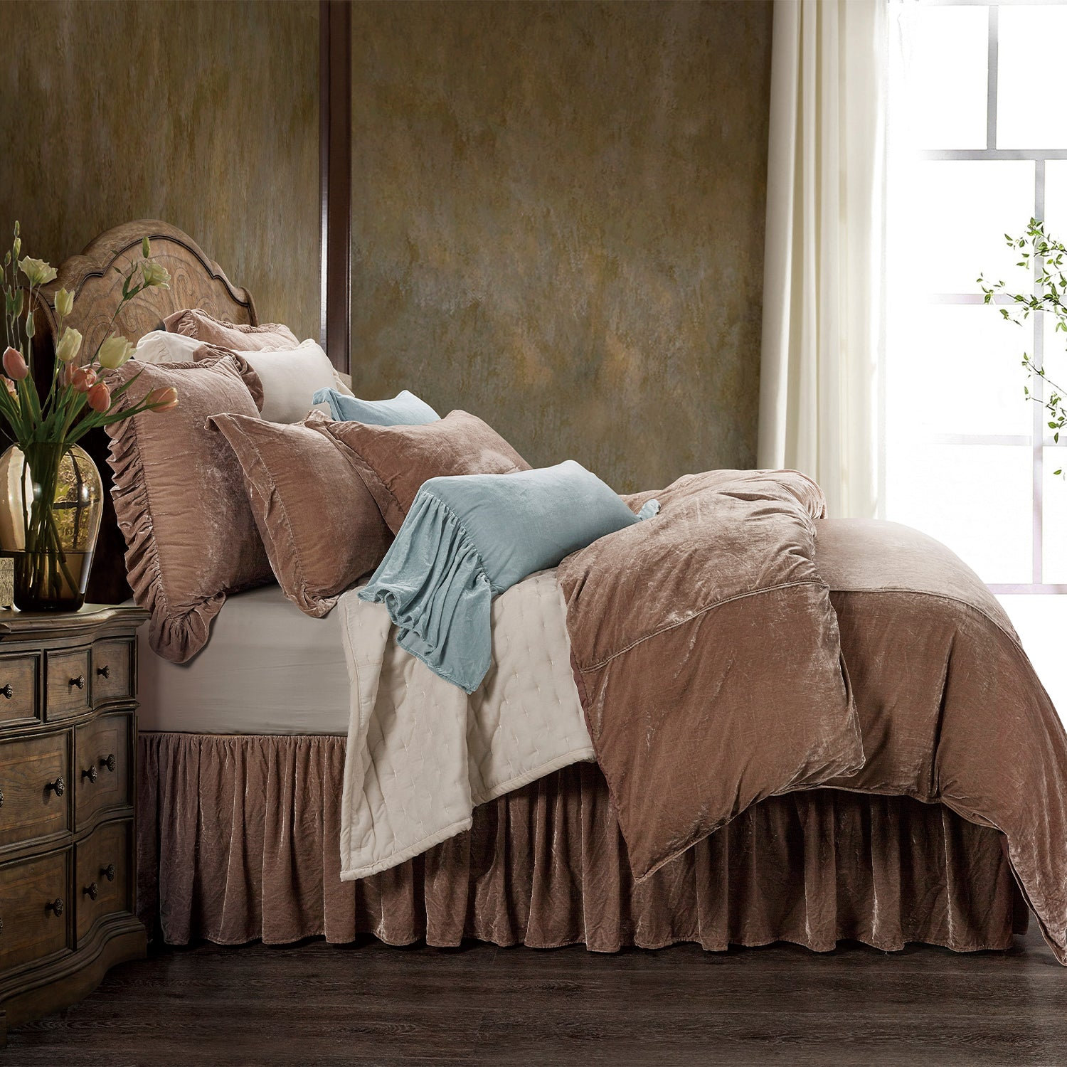 Stella Velvet Duvet Cover Set, King Duvet Cover + 2 King Shams, Dusty Rose