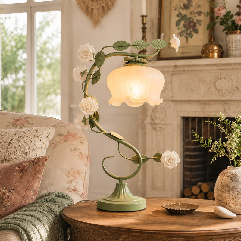 21 ''High Floral Table Lamp,  Led Desk Lamp, Floral Bionic With Glass Lamp Shades Rose, For Bedroom, Office, Living Room