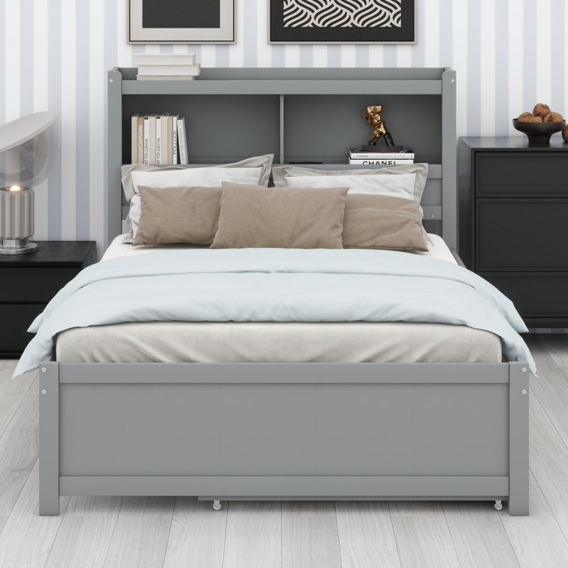 Lit plateforme avec lit gigogne, tiroirs et prises USB, Gris