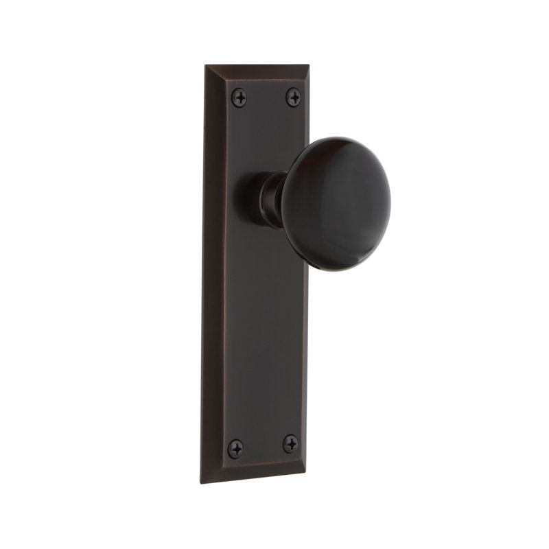 New York Plate with Black Porcelain Door Knob, Timeless Bronze