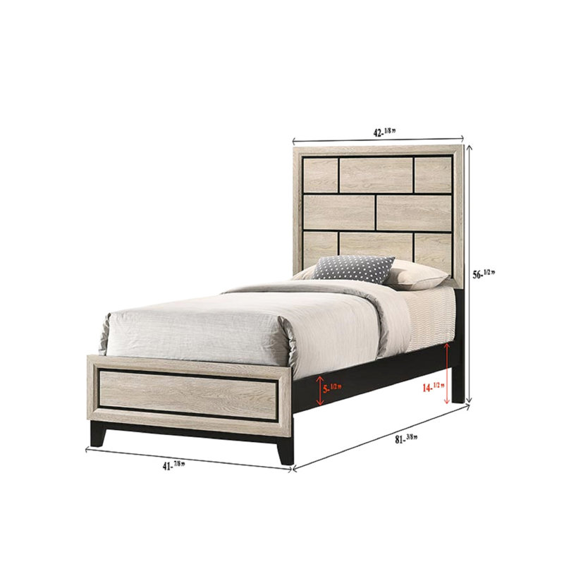 Lit simple à profil bas gris de style contemporain avec tête de lit à décor géométrique - Bibliothèque, Lit simple, Gris brun