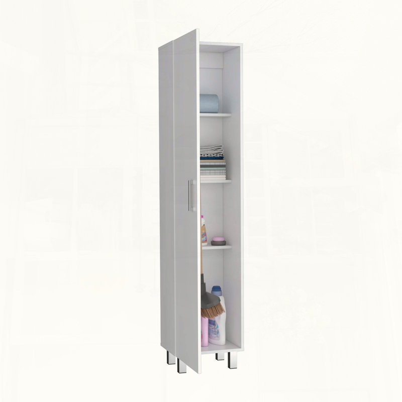 Vintro Storage Cabinet with Broom Hangers and Metal Legs, White