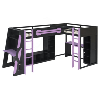 Cadre de lit de jeu simple en L en forme de L avec lumières à DEL RVB, lits simples doubles, ports USB, meuble télé et tablettes de rangement