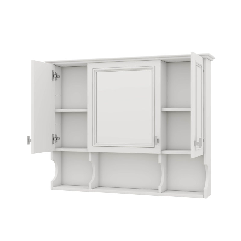 Armoire murale de salle de bain 35 po x 28 po avec miroir, armoire à pharmacie à trois portes et tablettes ouvertes, Blanc