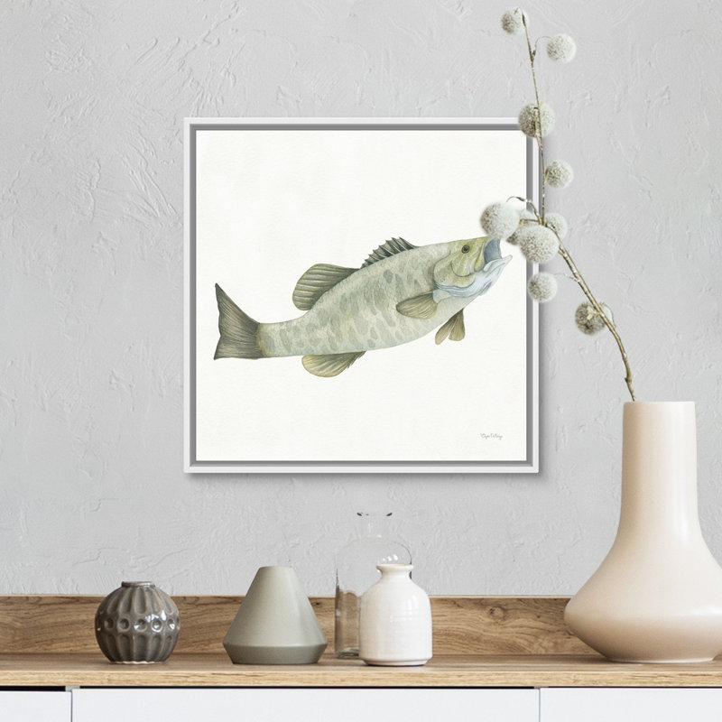 «Gone Fishin Small Mouth», reproduction d'art sur toile, H 14 po x l 14 po x P 1,75 po, Cadre flottant blanc