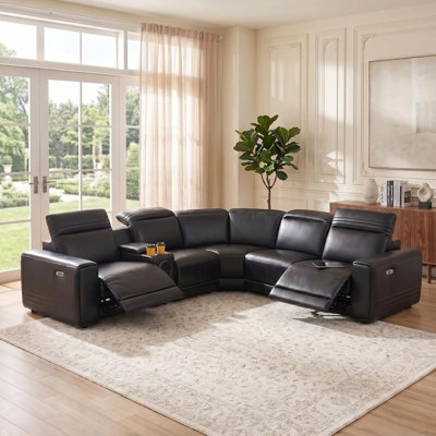 6-Piece 113"Top Breathable Leather Power Reclining Sectional With Adjustable Headrests, Storage Console, LED Lighting & Bluetooth Speakers
