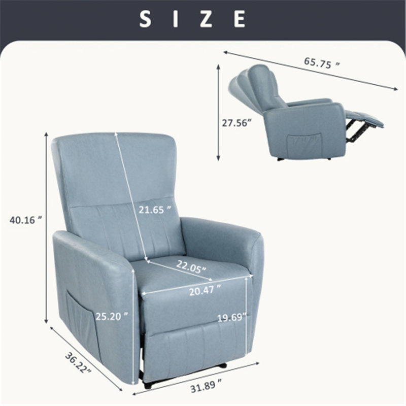 Fauteuil inclinable ergonomique de 36,22 po de largeur avec masseur, 100 % polyester bleu clair