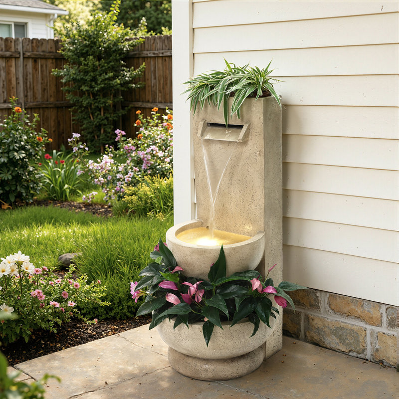 2.7-Ft Tall Polyresin Fountain with Planter, Lighted Outdoor Water Feature