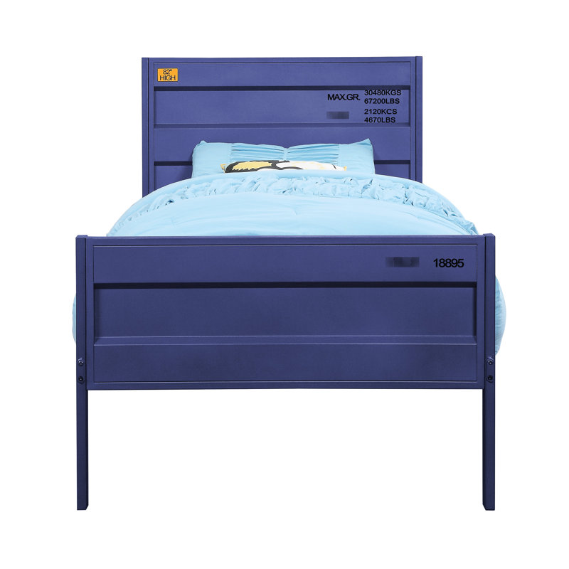 Lit simple bleu avec conception de panneau de style cargaison, structure en métal et panneaux encastrés, 21 lattes, aucun sommier requis, pieds rectangulaires à profil bas, pieds droits, structure en tôle d'acier de 25 x 50 mm,