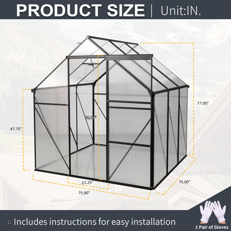 6x6 Polycarbonate Greenhouse For Outdoor Backyard Black