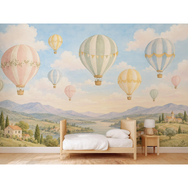 Hot Air Balloons Wallpaper Mural, Peel and Stick Kids Room Wall Mural, Watercolor Nursery Wallpaper Made to Measure