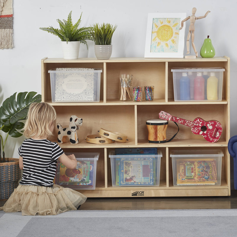 Natural Birch 8-Compartment Kids Storage Cabinet with Casters