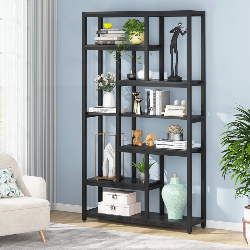 78.7" Extra Tall 7-Tier Industrial Black Etagere Bookcase, Black
