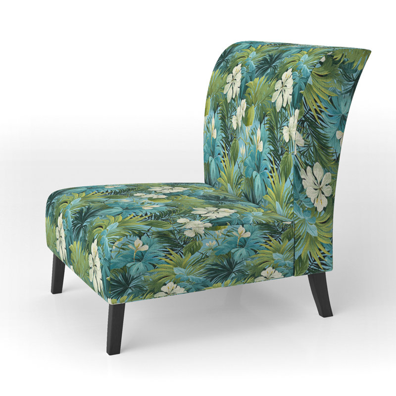Fauteuil de chambre rembourré bleu azur et vert motif tropical III
