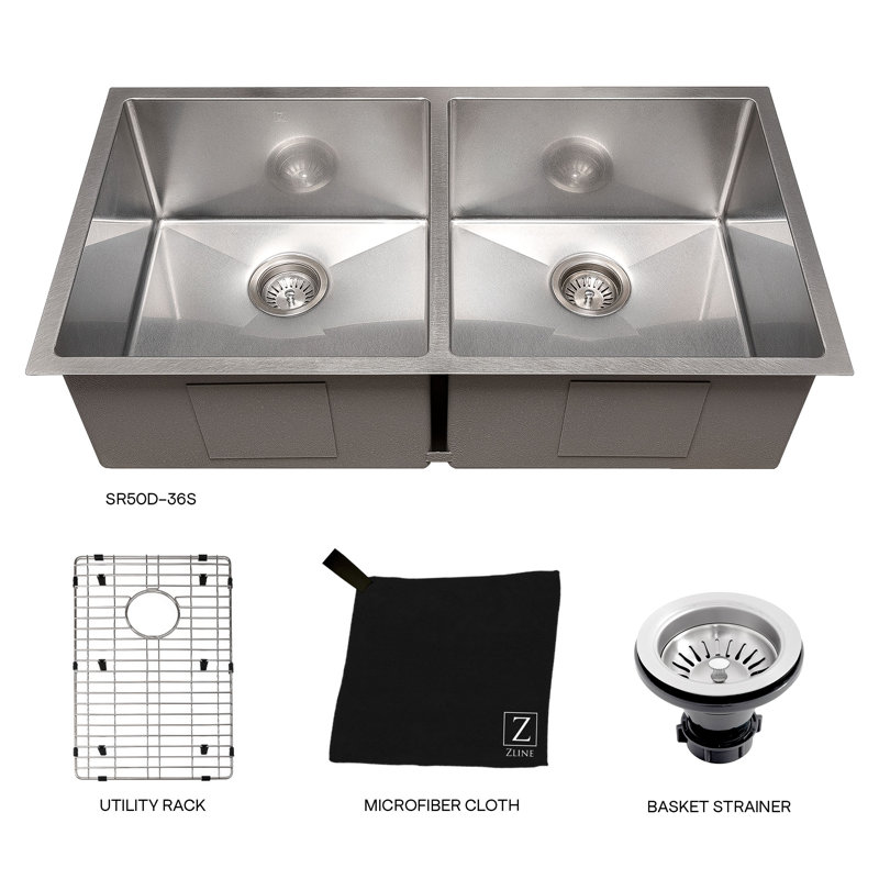 DuraSnow® ZLINE 36" Anton Undermount Double Bowl Fingerprint Resistant Stainless Steel Kitchen Sink with Bottom Grid