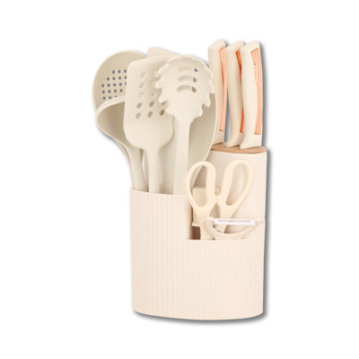 Ensemble de 15 couteaux de cuisine et ustensiles avec panier de rangement rotatif à 360 ° - Comprend des couteaux en acier inoxydable, des outils en silicone et un taille-crayon - Blanc