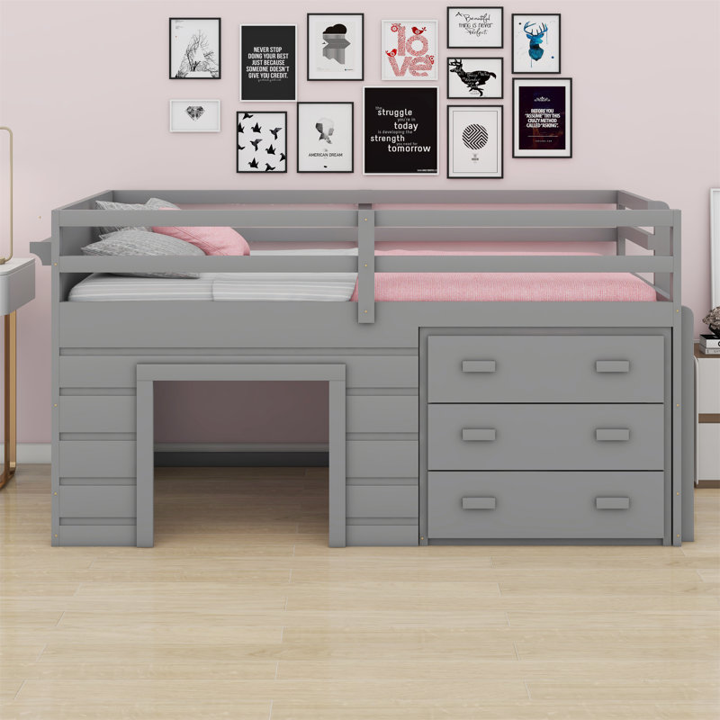 Lit mezzanine avec tiroirs et tablette, Gris