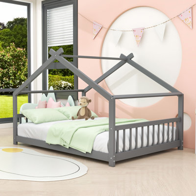 Wooden House Bed with Roof, Semi-Enclosed Playhouse Design