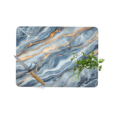 Blue and Gold Marble Pattern Tempered Glass Serving Board with Easy to Carry Design Made from Quality Glass Material
