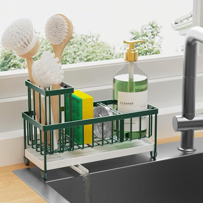 Porte-éponge pour évier de cuisine, organisateur de chariot d'évier avec porte-brosse haute, comptoir de cuisine en acier inoxydable 304 antirouille, distributeur de savon et organisateurs de cuisine