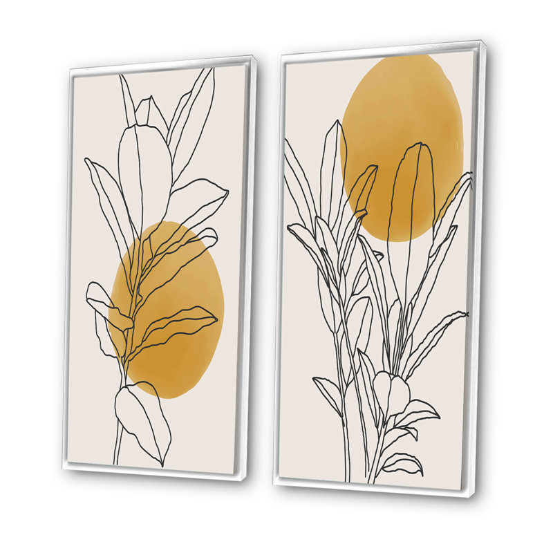 Branche botanique jaune avec feuilles I - ensemble de 2 peintures, H 32 po x l 32 po, Impression encadrée, Blanc