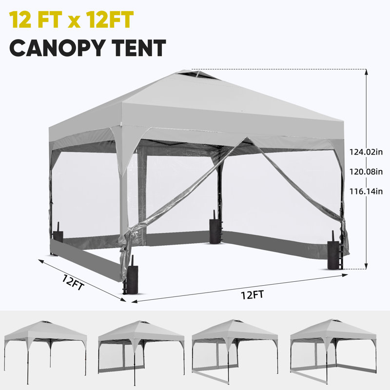 12 Ft X 12 Ft One-Push Set Up Canopy Tents With Sidewalls And Sandbags, White