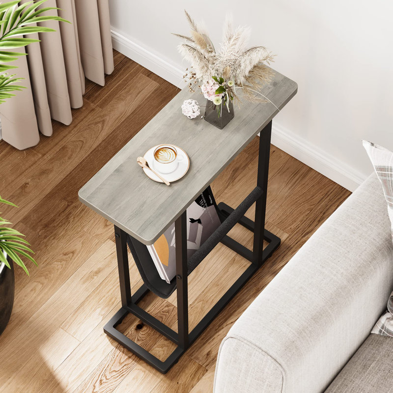 Side Table For Small Spaces, Slim Bedside Table With Storage Holder, Grey