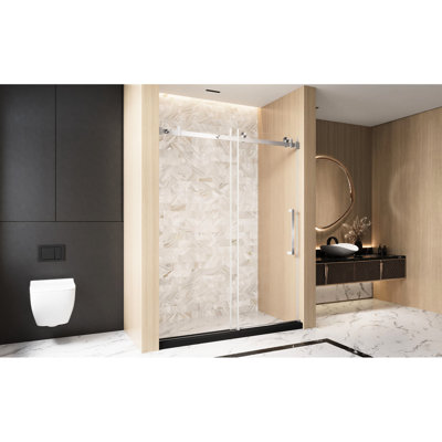 Single Sliding Shower Door For Bathroom, 56 - 60 "w X 76" H, 1/4" (6 Mm) Clear Tempered Glass With Proof Film, Stainless Steel Square Tube Track And Handle In Brushed Nickel, Quiet