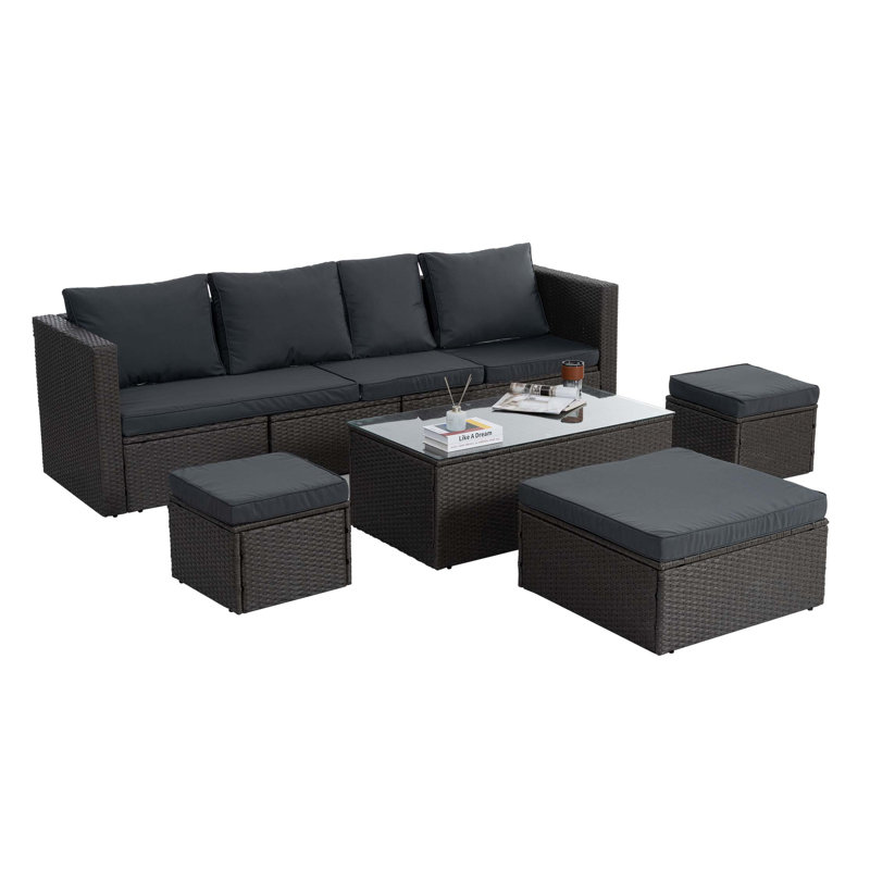Meubles de patio, meubles d'extérieur, meubles saisonniers en osier PE, ensemble de 7 meubles en osier avec canapé-lit, Gris