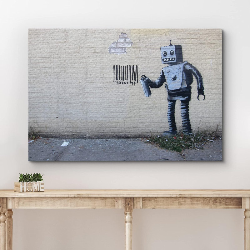 Banksy Robot Spray, peinture à code-barres sur toile, Toile tendue, H 12 po x l 18 po x P 1,5 po