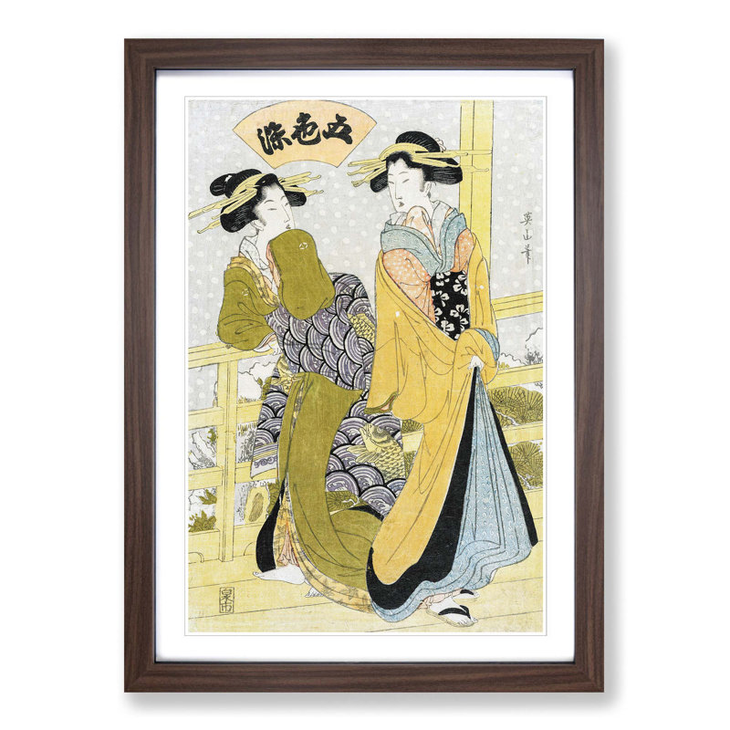 Two Courtesans on a Balcony by Kikukawa Eizan - Picture Frame Painting Print, 36cm H x 27cm W x 2cm D, Walnut Framed