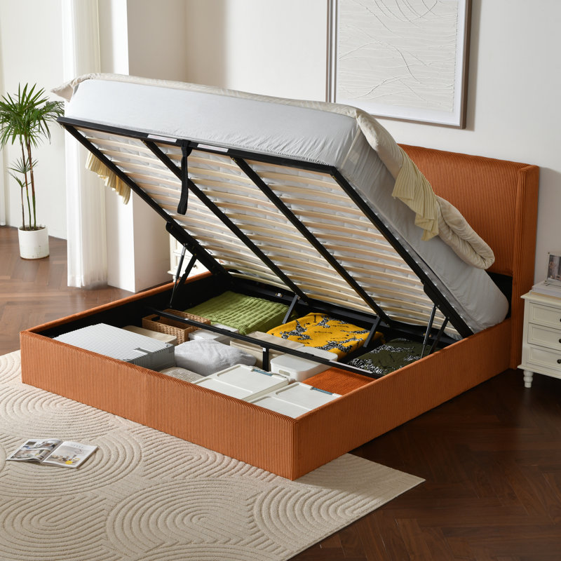 Wauseon Corduroy Upholstered Hydraulic Lift Storage Platform Bed, Orange, King