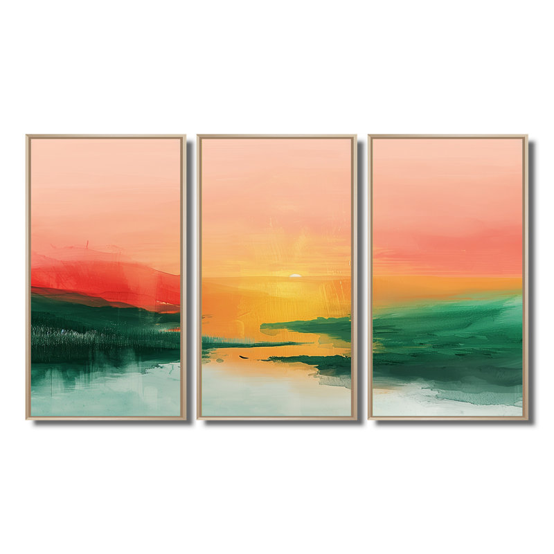 Ensemble de décorations murales vertes et rouges, coucher de soleil magique Dunes I, Toile naturelle avec cadre flottant