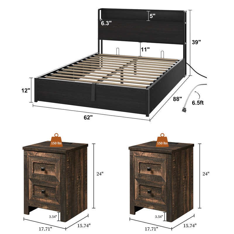 Ensemble de chambre avec grand lit 3 pièces Tryston, Grand lit, Noir