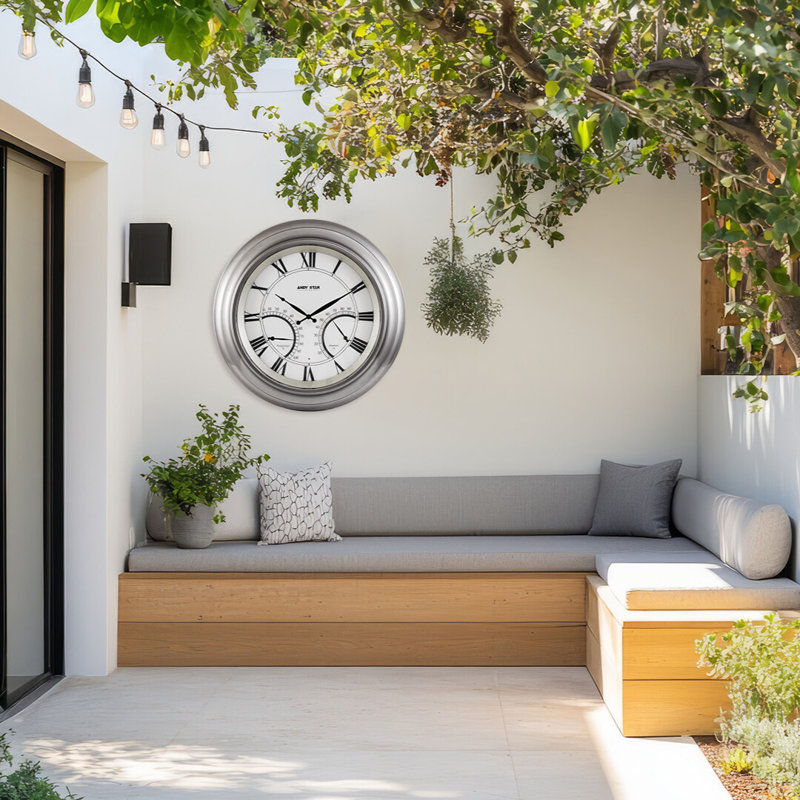 Grande horloge murale contemporaine contemporaine avec thermomètre imperméable illuminé, 24 pouces, Argent argent