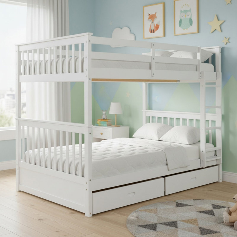 Solid Wood Full Over Full Bunk Bed with Ladders and 2 Storage Drawers for Boys& Girls, White, Full Over Full