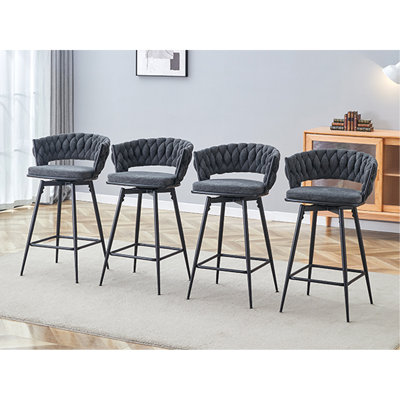 4-Piece Set Swivel Bar Stools With Breathable Linen-Cotton Seats - 360° Rotating Counter Height Stools, Heavy Duty Iron Frame, 300Lb Capacity For Kitchen Island, Dining & Pub Blackish-Gray