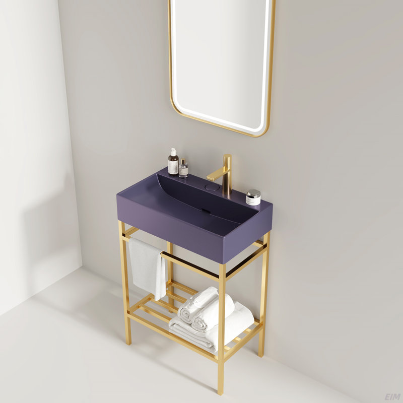 Meuble-lavabo de 24 po avec lavabo en céramique, ensemble de lavabo console sur pied, lavabo rectangulaire en céramique mauve brillant sans robinet, pieds en métal ouverts, tablettes de rangement