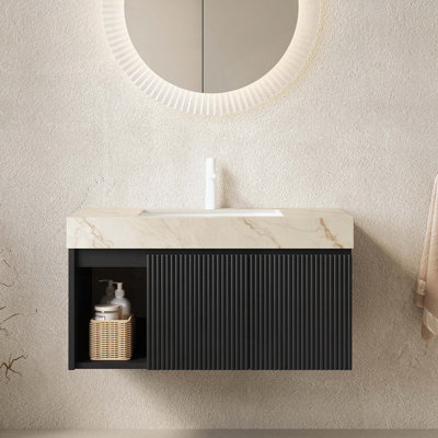 Meuble-lavabo suspendu avec comptoir en pierre frittée couleur crème veinée or et lavabo en céramique, 1 trou pré-percé pour robinetterie