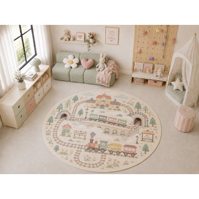 Tapis rond « Ultra Fin » 183 x 183 cm, motif gare, doux et léger, idéal pour la chambre d'enfant, la crèche, la salle de jeux, le salon et la décoration intérieure.